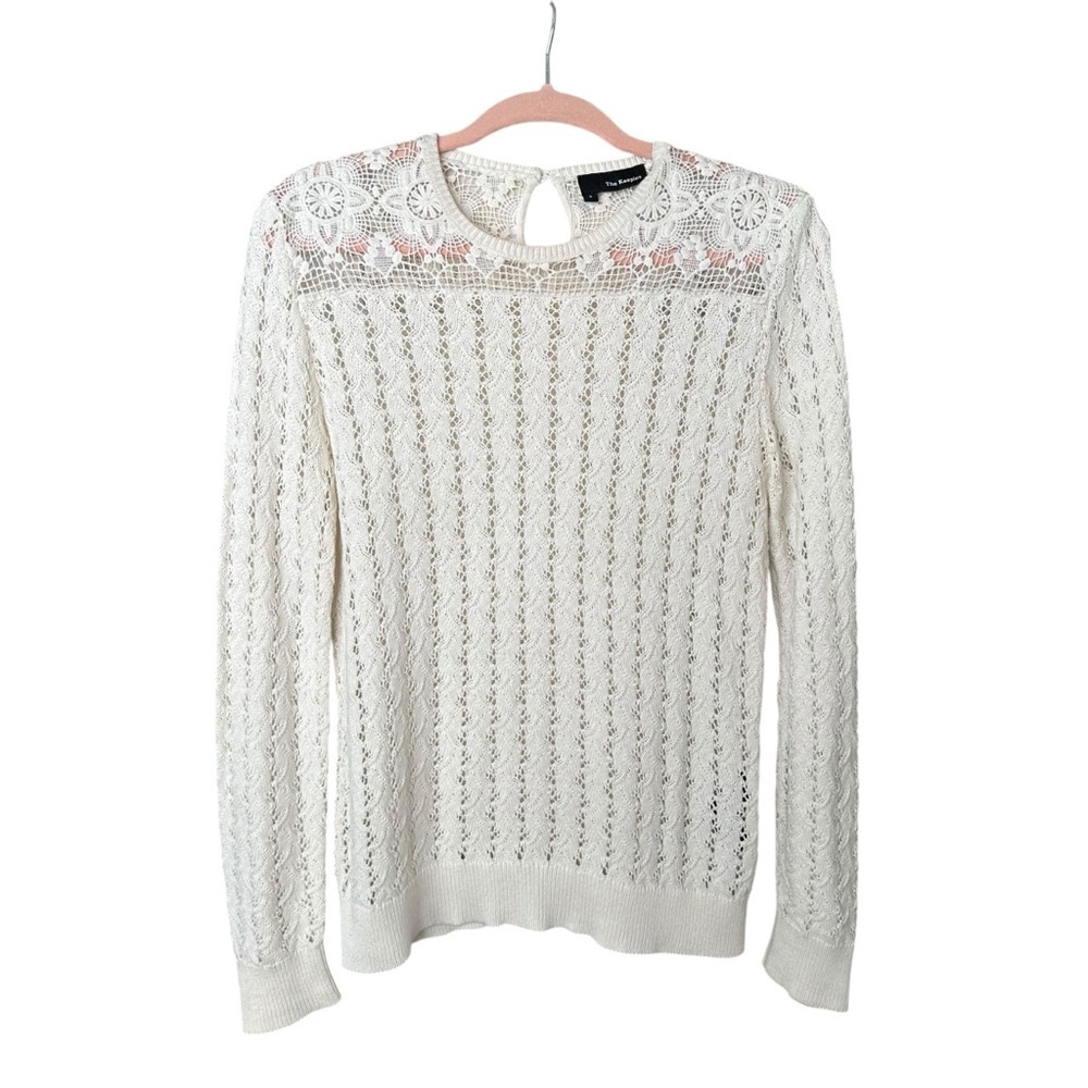 The Kooples Cream Crochet Lace Cotton Sweater Parisian Romantic Feminine Chic S‎